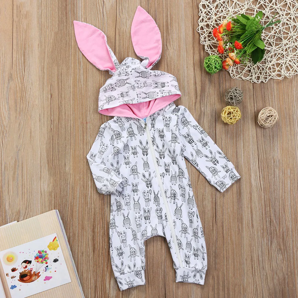 Emmababy зима теплая новорожденный для маленьких девочек мальчик кролик 3D уха молнии с капюшоном комбинезон Детские комбинезоны одежда