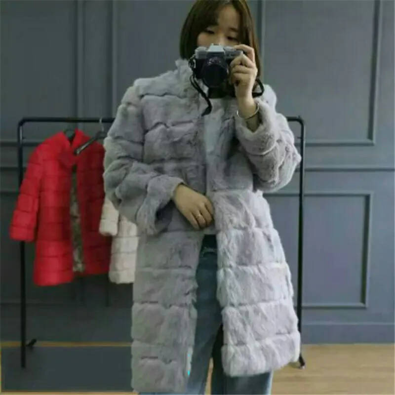 Женская Шуба из натурального кроличьего меха с воротником стойкой|real fur coat|rabbit