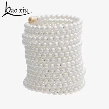 

Women New luxury fashion multi-layer Open Bracelet Pearl Cuff Bangle Gold Metal nightclub Hand Jewelry Female Gifts Accessory