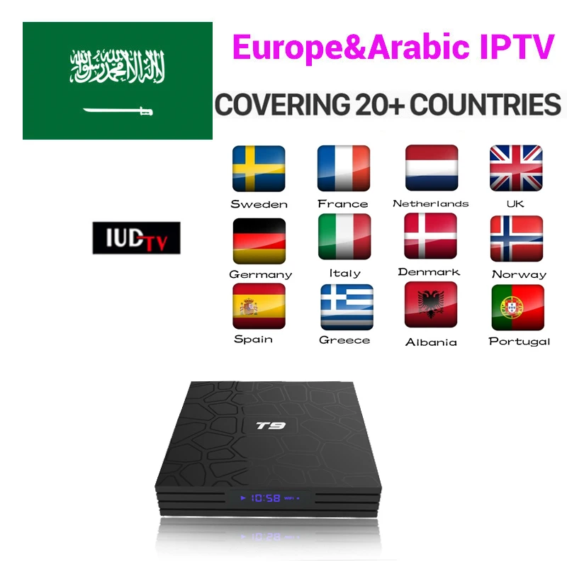 

Europe IPTV Android 8.1 IPTV Box T9 With 1 Year IUDTV Code Iptv Sweden UK Italy Portugal French Africa Greece Arabic IP TV Box