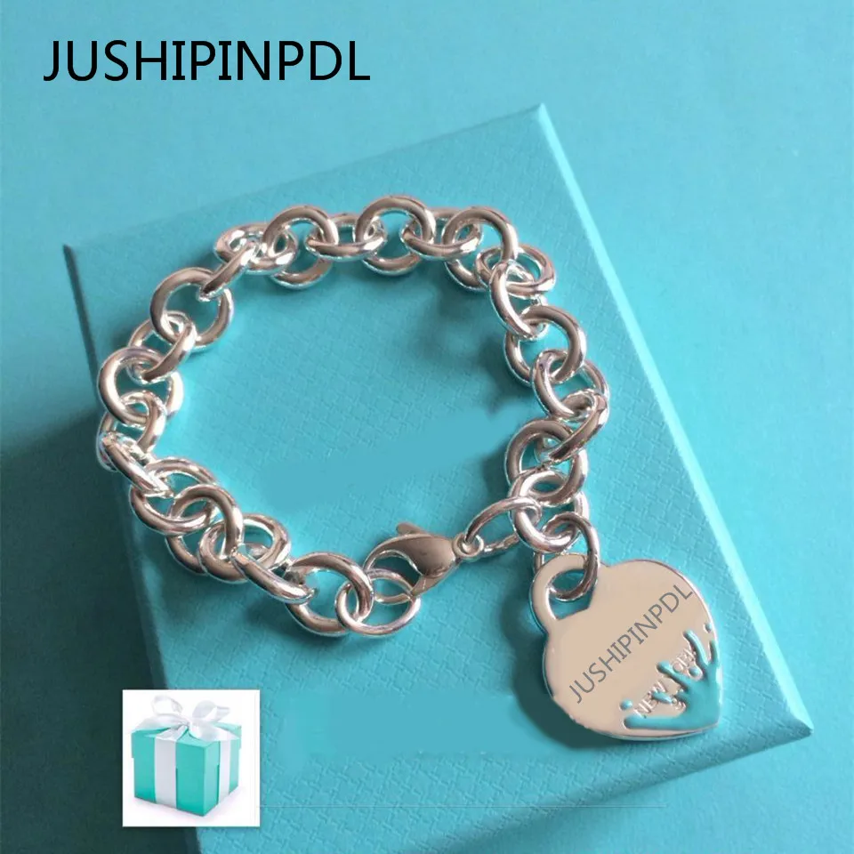 

TIFF100%925 sterling silver ms 1:1 classic symbol heart-shaped spray blue enamel bracelet jewelry gift of love