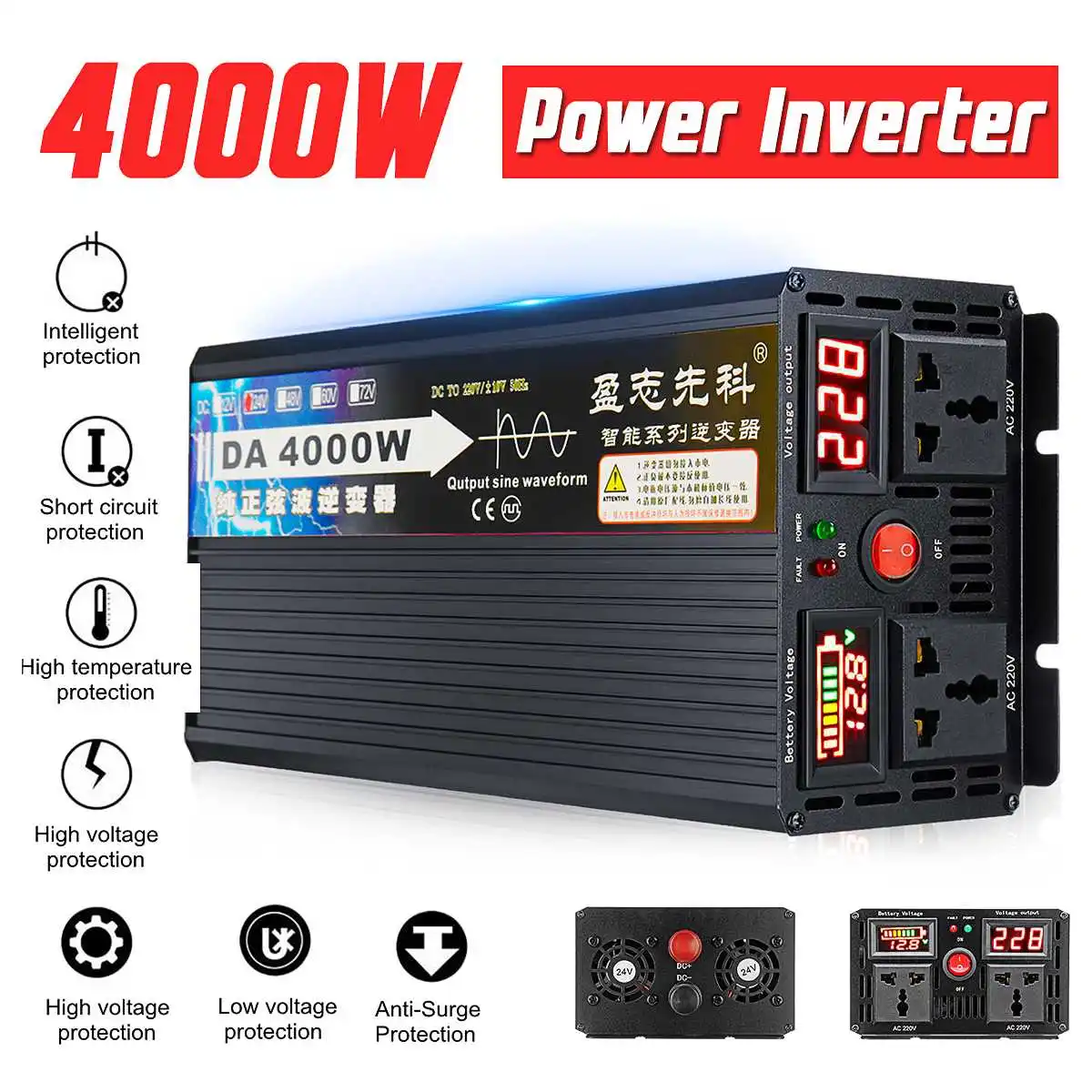 

4000W Voltage transformer pure sine wave solar power inverter DC 12V 24V 48V 60V to AC 220V LCD/LED Display