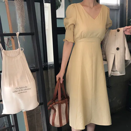 

Women Summer Elegant Dress Vintage Short Sleeve Tunic Draped Ruffle Trim Sexy V-neck Casual Beach Party Long Dress Vestidos