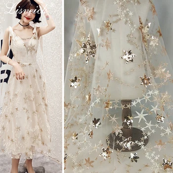 

1yard Beautiful gold Sequin Star Embroidery lace Fabric for wedding Party evening dress French Tulle lace