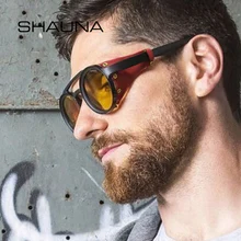 SHAUNA из искусственной кожи ретро заклепки круглые панк Солнцезащитные очки для мужчин Винтаж стимпанк Оттенки женщин UV400