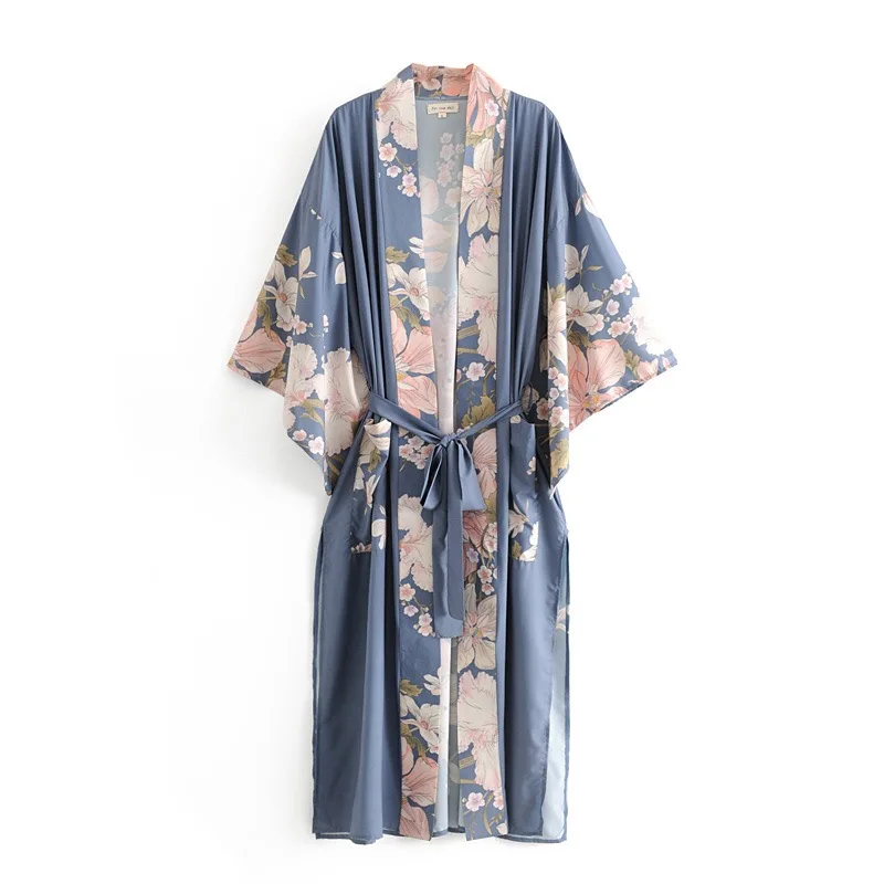 2019 Bohemian V neck Peacock Flower Print Long Kimono Robe Shirt Ethnic Lacing up Sashes Long Cardigan Loose Blouse Tops femme