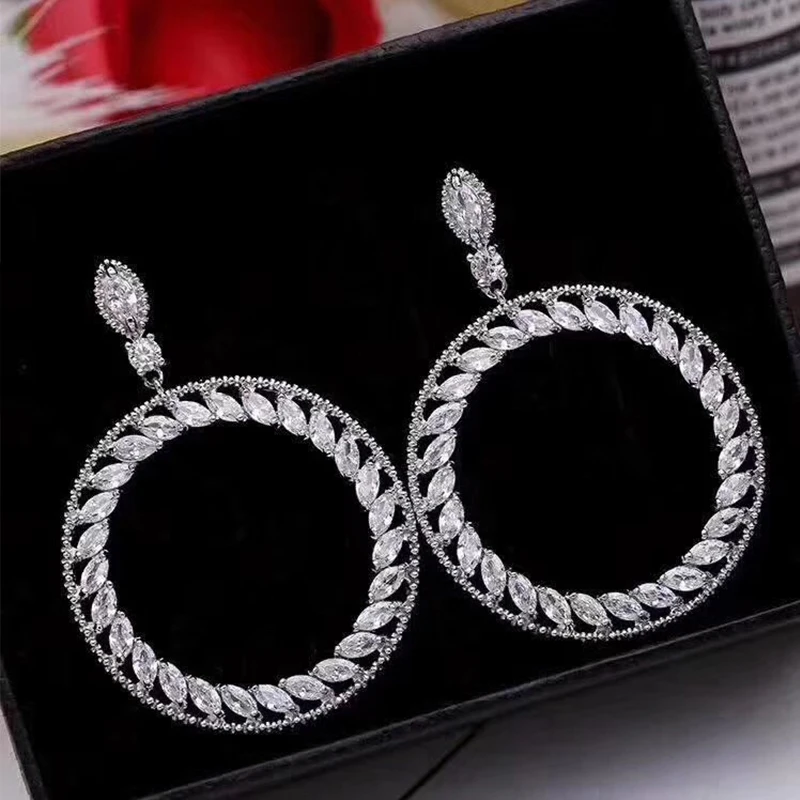 

New Arrival Hyperbole Round CZ Stones Crystal Dangle Earrings For Women Fashion Big Circle Cubic Zircon Drop Earring