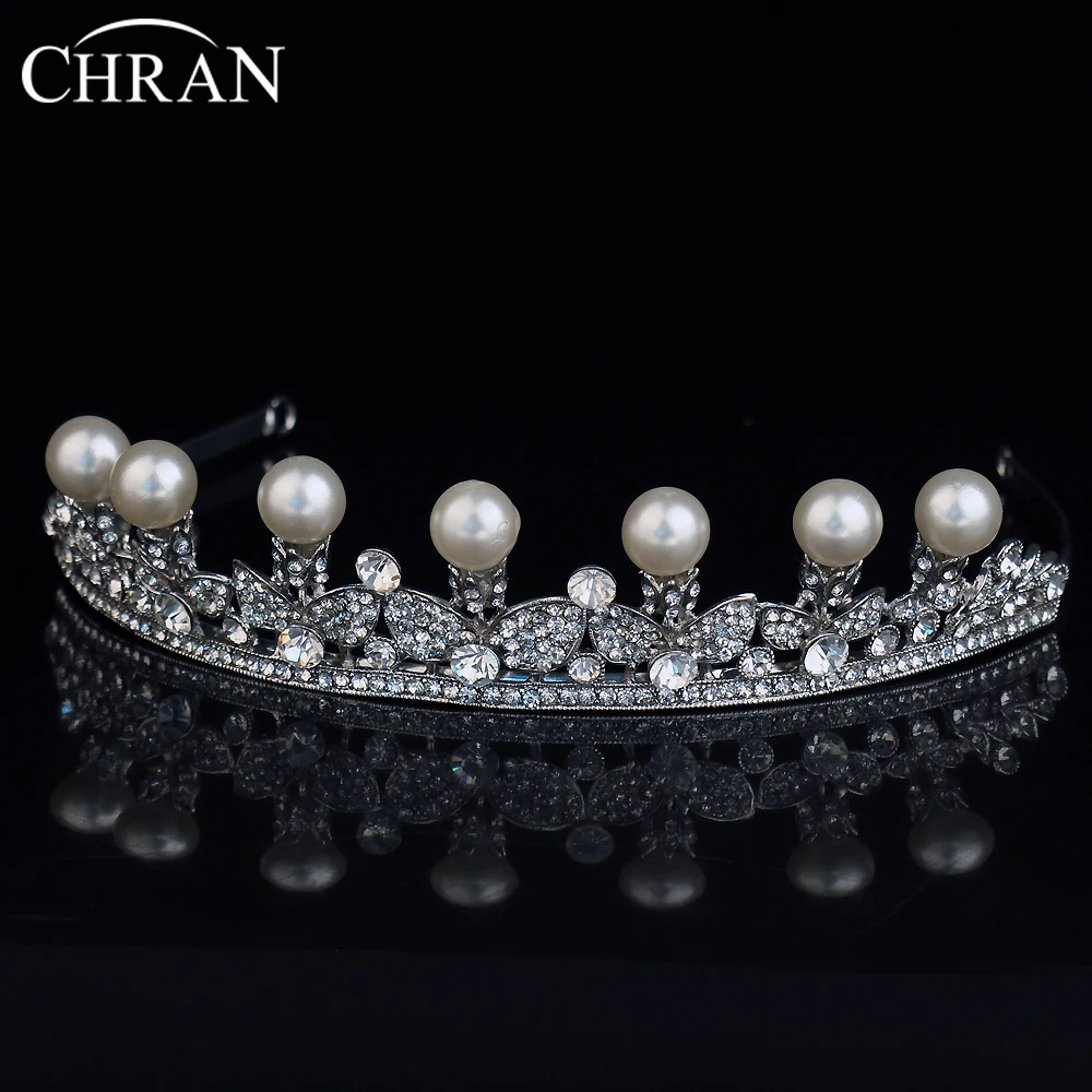 

CHRAN Rhodium Plated Crystal Flower Bridal Hair Jewelry Hot Selling Headbands Simulated Pearl Princess Wedding Crown Tiaras