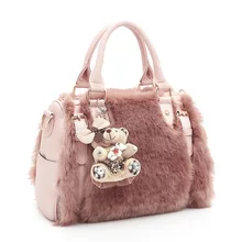 Marcas de lujo Las Mujeres Bolsa de Cuero de LA PU de Los Bolsos de la Felpa 2016 de Invierno Vintage Sólido Bucket Bag Lady Bolsos de Hombro con el Oso A0305