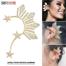 Adorável estrela dourada orelha clipe em brincos para as mulheres acessórios cristal strass estrelas grande orelha manguito brinco moda jóias presente