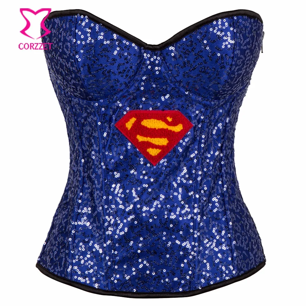 

Dark Blue Sequins Corset Sexy Korsett For Women Halloween Superhero Corsets and Bustiers Burlesque Costumes Gothic Clothing