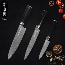 

QING Forged Processing Damascus Knives Black Color Wood Handle Kitchen Knives 3-pieces Set 5" Utility 8" Slicing 8" Chef Knife