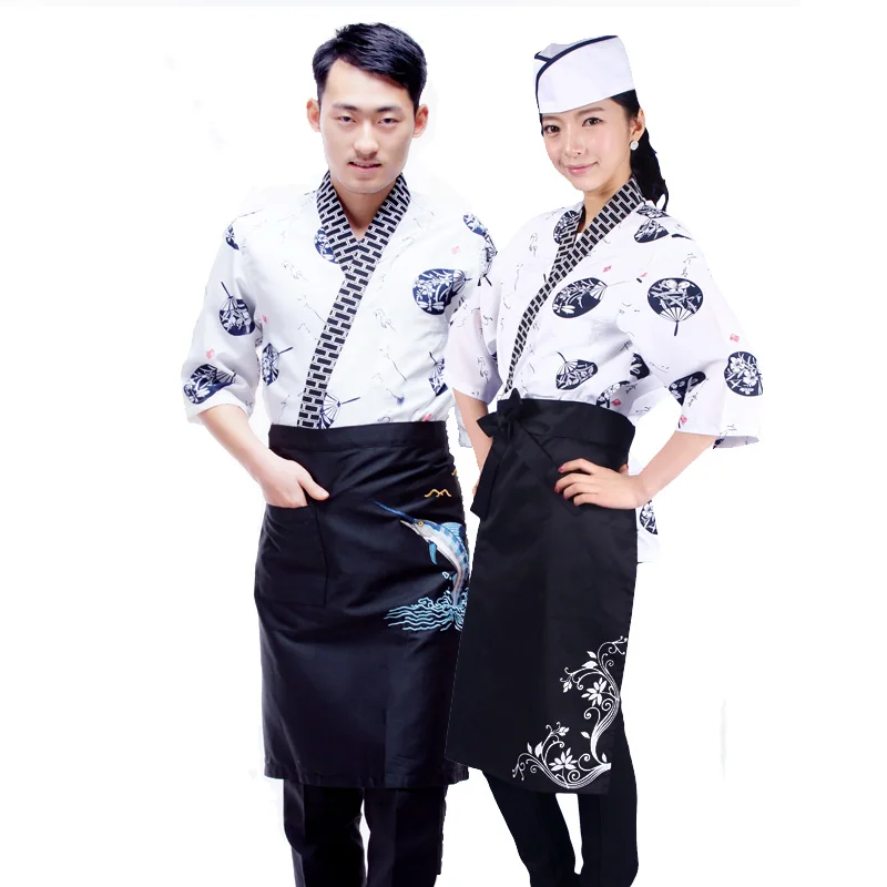XINFU Sushi Chef Coat Wave of Kanagawa 3/4 Long Sleeve Restaurant Japanese Kitchen Work Uniform 