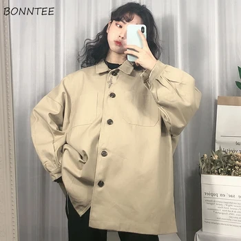 

Jackets Women Solid Loose Single Breasted Turn-down Collar Womens Korean Style Harajuku BF All Match Safari Retro Soft Hot Sale