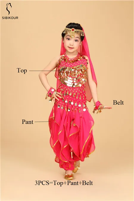 Kids Belly Dance Costume Bollywood Oriental Bellydance Dress Set Indian Egyptian Egypt Suit Pants Top Dancing Clothes Girls New - Цвет: Rose Red 3pcs