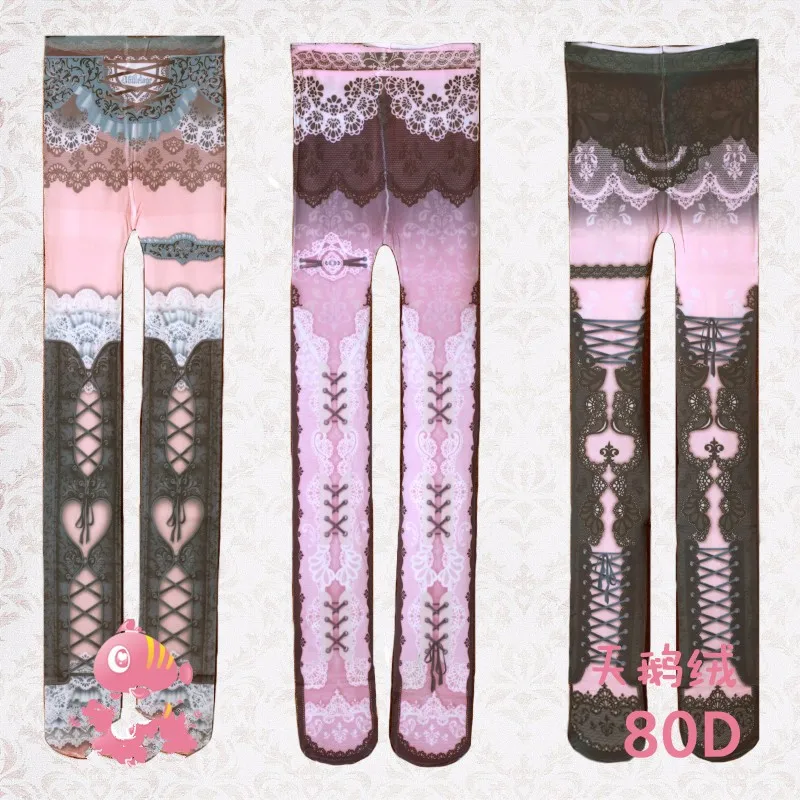 Princess-sweet-lolita-pantyhose-Victoria-corset-printing-sexy-lace-corselet-black-gothic-Vintage-print-pantyhose-LWK04