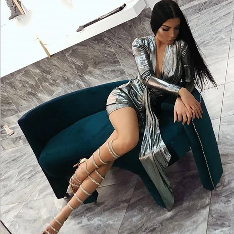 Женское блестящее короткое платье с V образным вырезом длинным рукавом|Платья| |