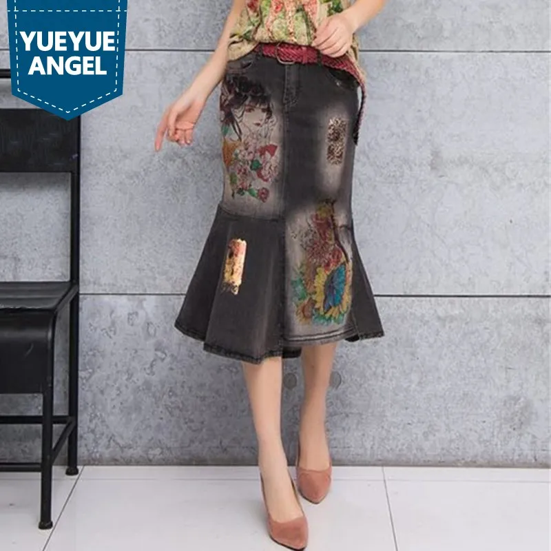 

High Quality Luxury Ladies Denim Skirts Fashion Printing Wrap Mermaid Skirt Female Streetwear Slim Fit Jean Skirts Plus Size
