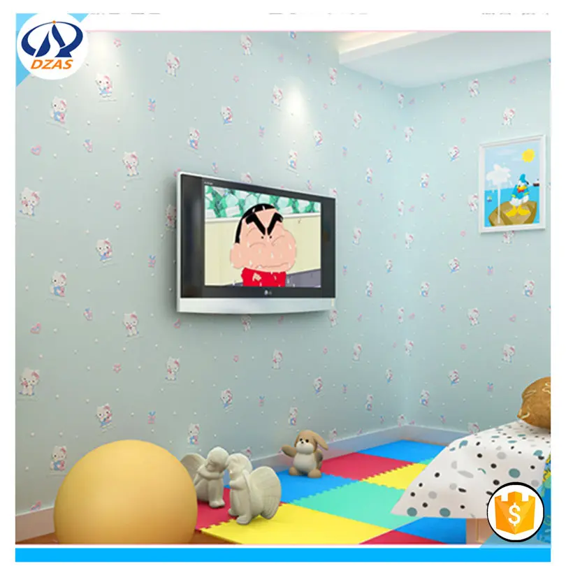 2018 Green cute cartoon cat Non-woven pink girl princess Bedroom Wallpaper05