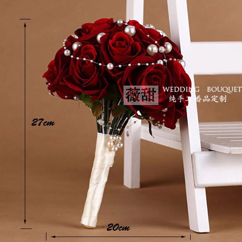 Wine Red Roses Artificial Wedding Bouquets With Pearls Cheap Wedding