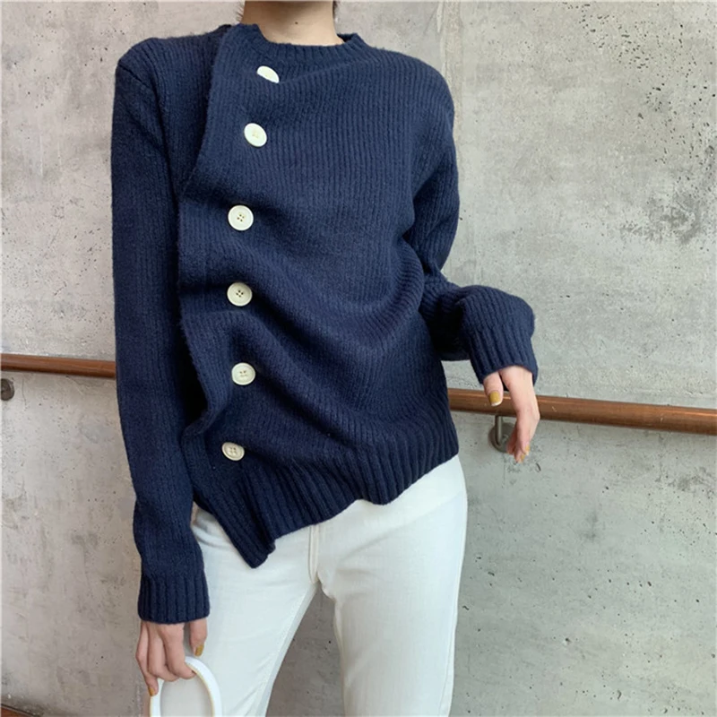 OLN 2019 Women Sweater Diagonal Buckle Irregular Knit Sweater Loose Wild Solid Turtleneck Sweater Female Pullover Streewear 8242 OLN 2019 Women Sweater Diagonal Buckle Irregular Knit Sweater Loose Wild Solid Turtleneck Sweater Female Pullover Streewear 8242