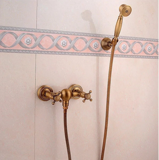 Antique Brass Handheld Shower Set Faucet Wall Mount Dual Handle Bathroom Shower Mixer Taps