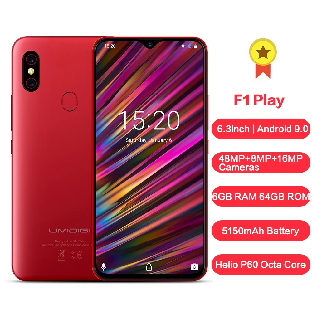 

UMIDIGI F1 Play 6.3'' Android 9.0 4G Smartphone Helio P60 Octa Core 2.0GHz 6GB RAM 64GB ROM Fingerprint Sensor Mobile Phone