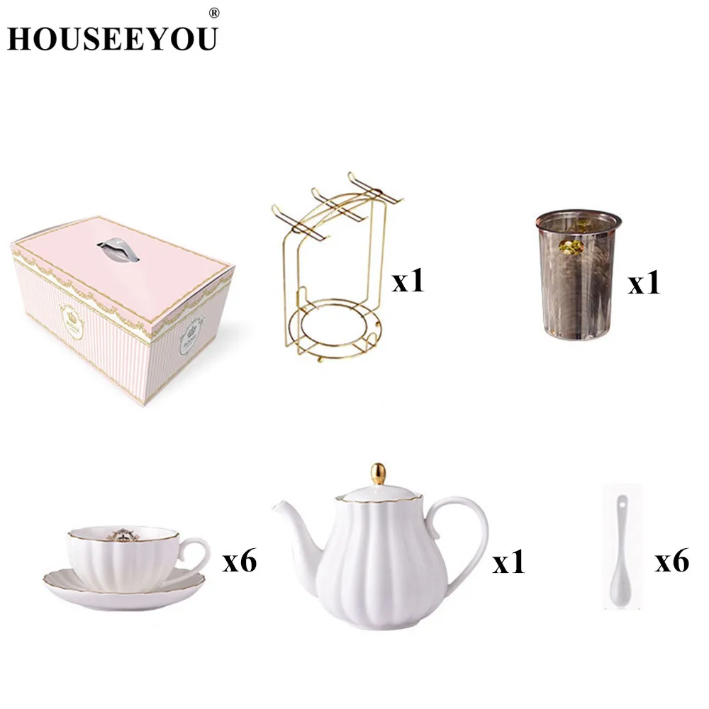 15pcs Краткое British костяного фарфора тыква полоса посуда для напитков керамическая кофейная чашка кружка с молоком чайник Блюдце Ложка Позолоченный Комплект полок набор - Цвет: 15pcs