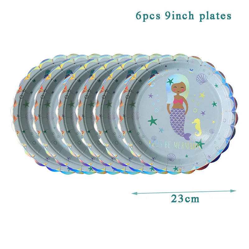 Тема Русалочки воздушные шары для вечеринок Дети милость русалки столовая посуда бумажные чашки 1-й счастливый костюм для празднования дня рождения Baby Shower - Цвет: 6pcs 9inch Plates