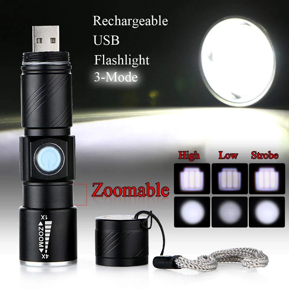 

High Quality Mini USB Rechargeable LED Torch 3 Modes Adjustable Focus Flashlight for Outdoor Fishing Camping VE