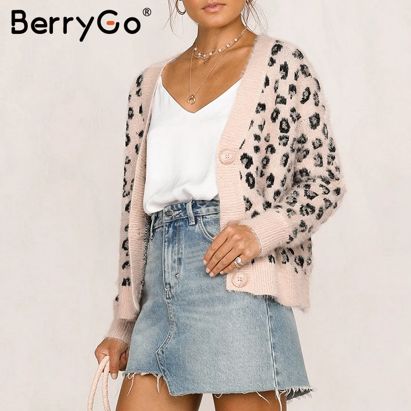 

BerryGo Casual Leopard print mohair knitted cardigan women Vintage female sweaters cardigan Long sleeve autumn winter pink coats