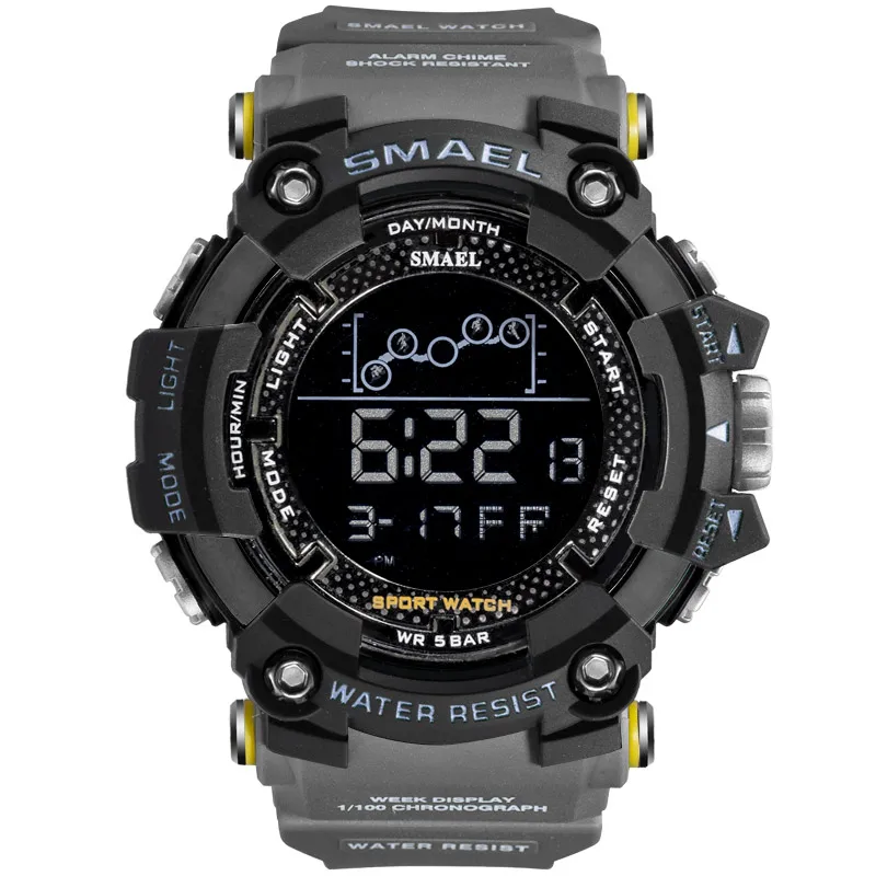 Мужские водонепроницаемые спортивные наручные цифровые светодиодные часы армейского стиля с секундомером SMAEL 1802 - Цвет: Gray