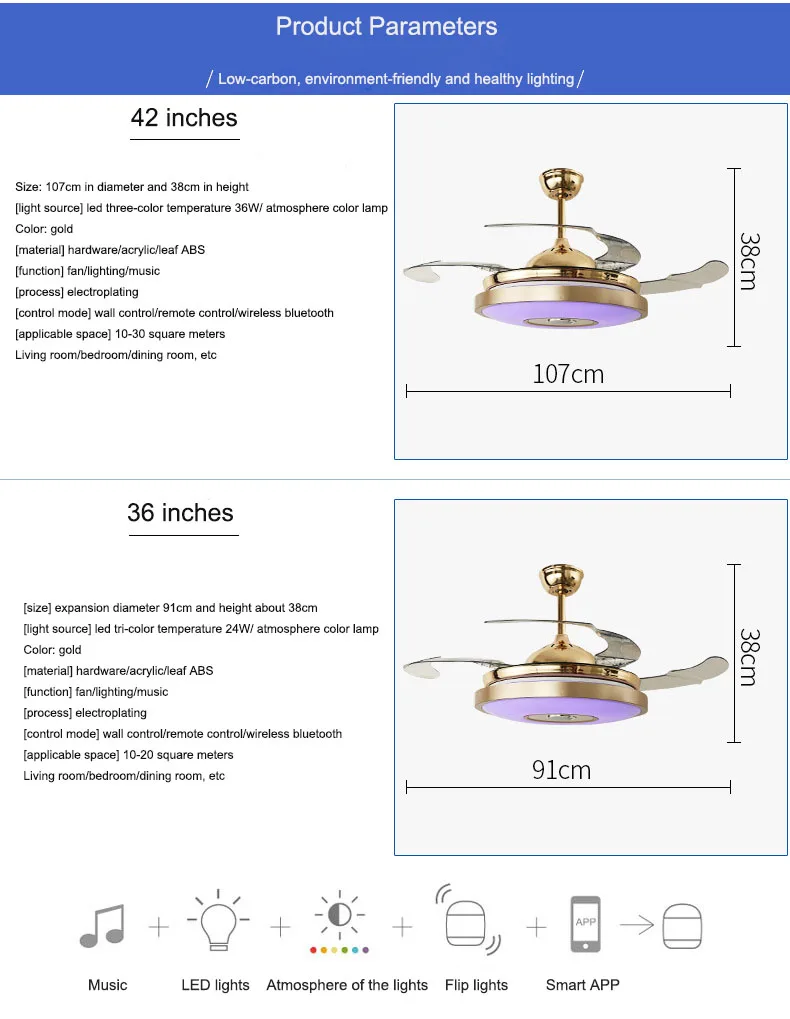 Светодиодный светильник с Bluetooth и музыкальным вентилятором, ультра-тихий, интеллектуальный, с дистанционным управлением, телескопический потолочный вентилятор, светильник для ресторана, гостиной