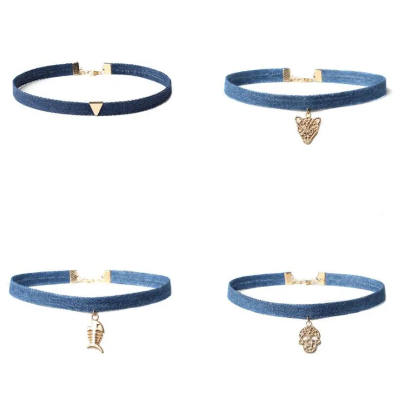 New Blue Jeans Choker Necklace For Women Punk Denim Collar Alloy Pendant Rope Colar Colliers Ras De Cou Bijous Jewelry | Украшения и