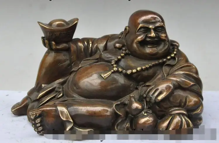 

S06872 9" china bronze wealth money ingot yuanbao gold bag Gourd Maitreya Buddha statue