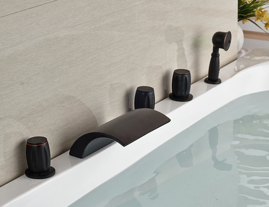 

3 Knobs Bathtub Faucet Arc Waterfall Spout Oil Rubbed Bronze + hand sprayer