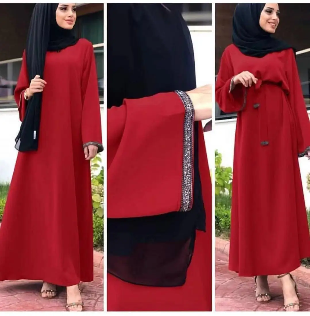 Женское мусульманское платье абайя с круглым вырезом и длинным рукавом в стиле пэчворк, красный, черный кафтан, Дубай, Исламская одежда, саудовская Арабская Турция, абайя s