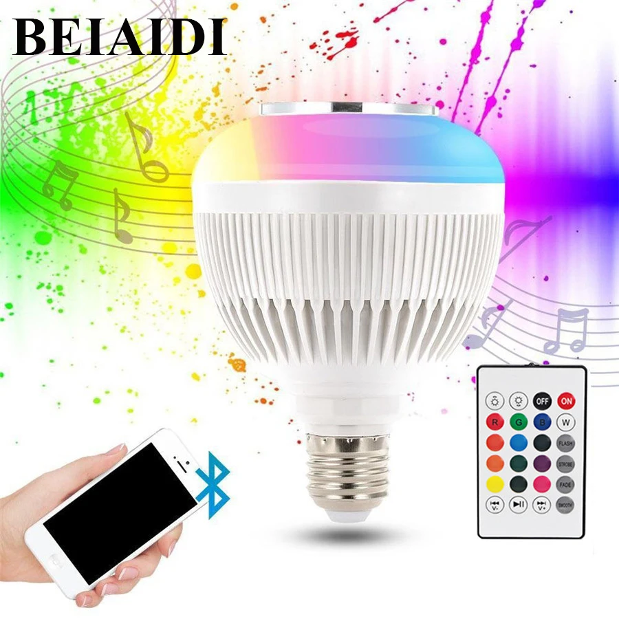 BEIAIDI E27 12 Вт RGB Bluetooth спикер лампы с пультом дистанционного управления AC85V-265V