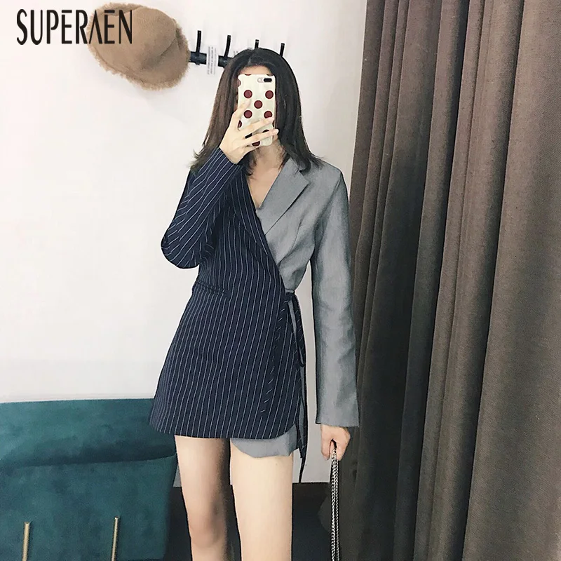 

SuperAen Korean Style Women's Suit Jacket 2019 Spring and Autumn New Ladies Jacket Striped Lace Women Clothing