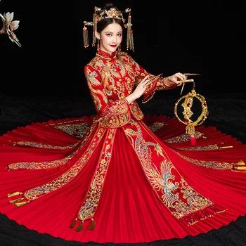 

Top Quality Chinese Bride Dress Rhinestone Female Vintage Wedding Cheongsam Novelty Embroidery Phoenix Royal Marriage Qipao