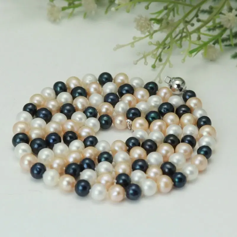 

Free shipping@@@@@ A>genuine AA 7-8mm Black White Cultured Freshwater Akoya Pearl Necklace a