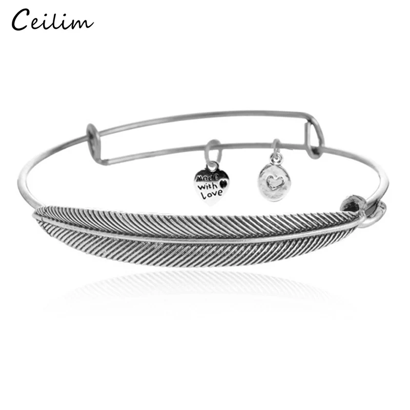 

New Vintage Silver Color Feather Charm Bracelet Bangles for Women Fashion DIY Heart Charms Expandable Wire Bracelet Jewelry