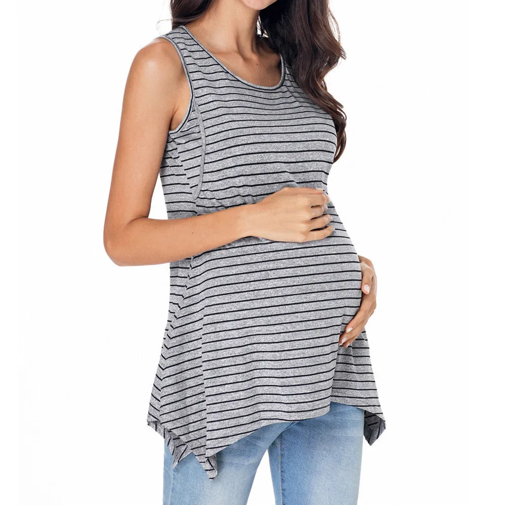 Пикантные летние Для женщин для беременных в полоску Одежда для беременных кормящих грудью Жилет Блуза Топ Без Рукавов ComfortableT-рубашка, жилет - Цвет: Gray