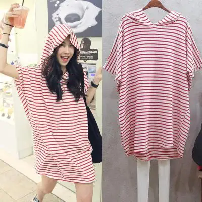 

Summer short Hoodies Plus Size mini women Pullover dress Korean casual short-sleeved Striped Bat sleeve Loose Hoody dress women