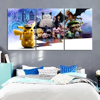 

3 Piece Pokemon Detective Pikachu Movie Poster Anime Figure Pocket Monster Wall Art Painting Home Decor Art Work Wall Sticker