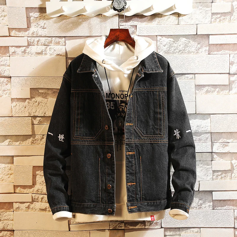 Spring Autumn New Chinese Character Denim Jacket Men Fashion Streetwear Single Breasted Cotton Mens Denim Jacket Spring Autumn New Chinese Character Denim Jacket Men Fashion Streetwear Single Breasted Cotton Mens Denim Jacket
