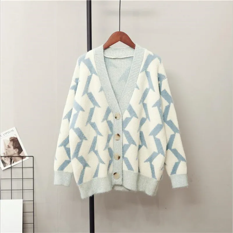 

Geometric contrast color women sweater coat 2019 spring and autumn new knit single breasted cardigan