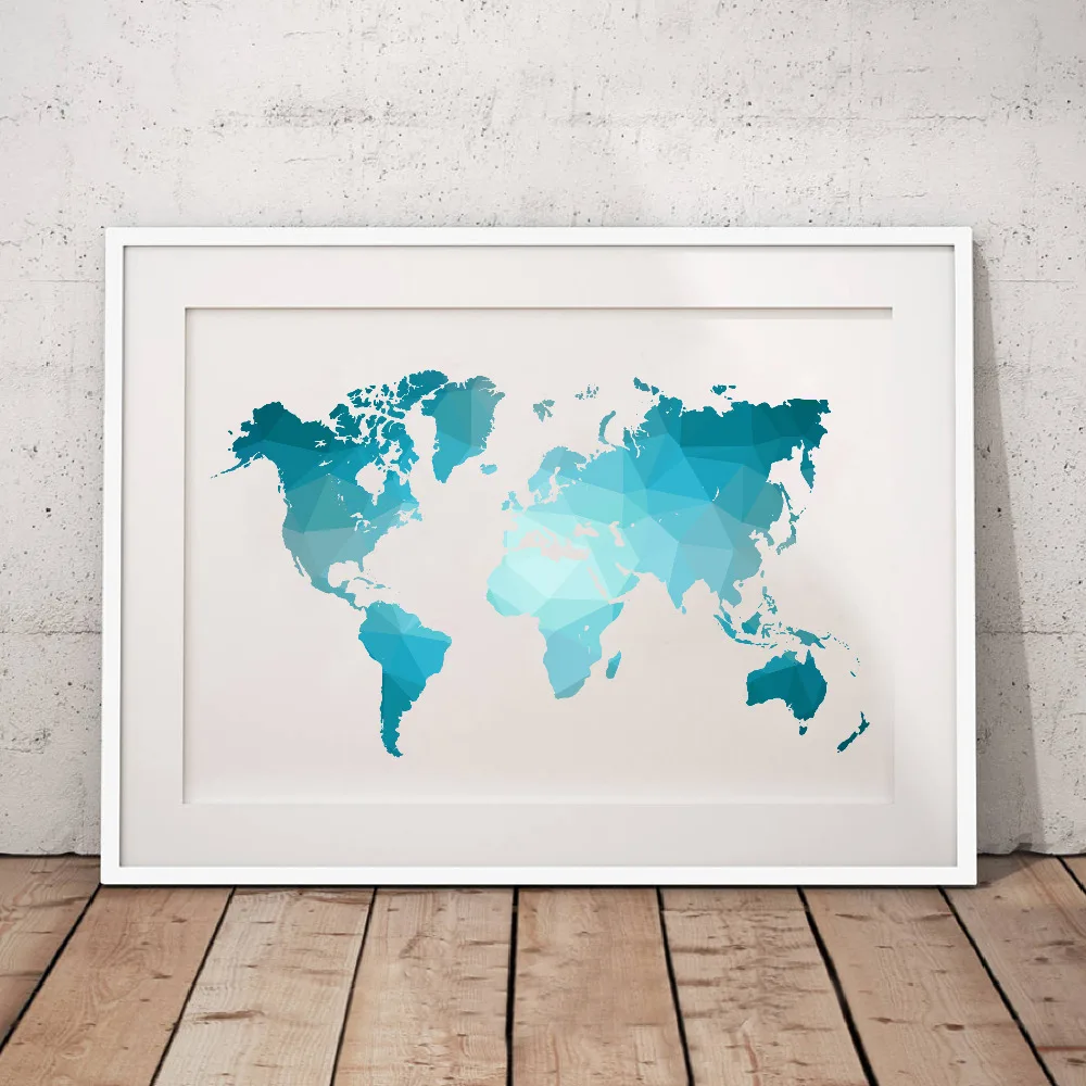 

Blue World Map Made of Triangles Canvas Art Print Poster , Low Poly Map of World Canvas Painting Pictures Home Living Room Decor