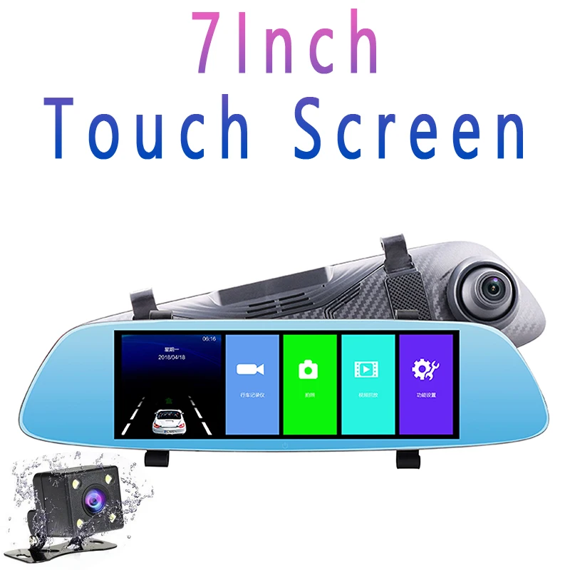

7 Inch Car DVR Rearview Mirror Video Monitor Rear View Camera Big Touch Screen Built-In Speaker HD Night Vision 1080p Dash Cam