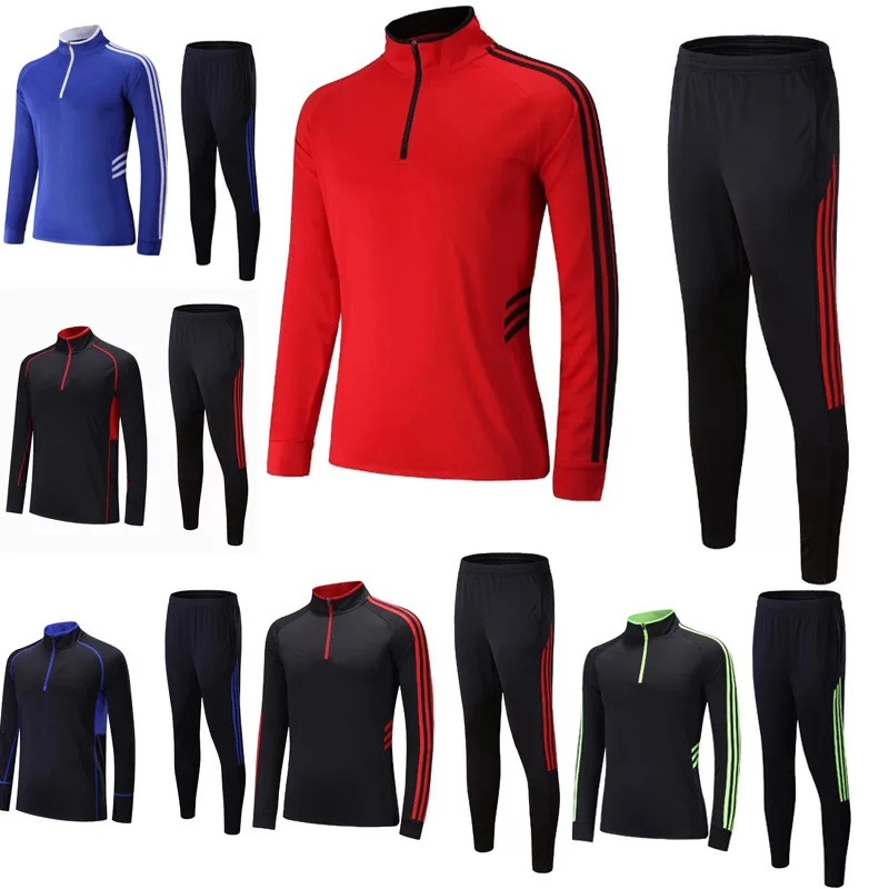 

Adult Men's Quick drying Training Clothes Zipper Coat Long Sleeve Running Football Training Suit Sport Set With Striped Pants
